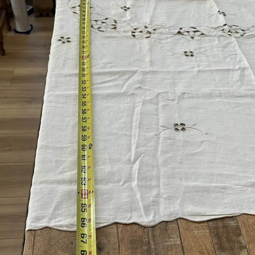 Vintage Beige Linen Tablecloth Intricate Madeira-style Cutwork & Embroidery